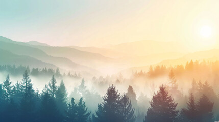 Vector horizontal landscape with fog forest mountains