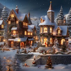 Christmas village in the snow at night. Christmas and New Year background.