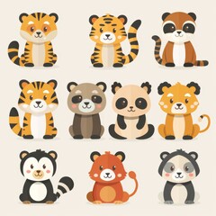 Cheerful collection of cartoon animals including a tiger