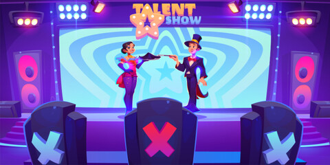 Talent show scene with magician performers in big hall with chairs of jury with reaction, spotlights and loudspeaker. Cartoon vector illustration of performance review on competition and contest stage
