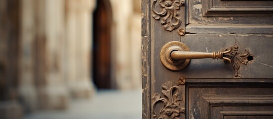 Captivating Rustic Wooden Door with Vintage Metal Handle in Close-Up View - obrazy, fototapety, plakaty