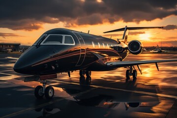 black business jet parked outside on sunset closeup - obrazy, fototapety, plakaty