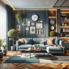 The interior design of the modern living room with blue sofas 