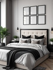 Six mockup poster frames in the bedroom, Home interior mockup