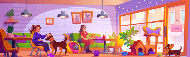 Naklejka premium Dog and cat friendly cafe interior with furniture and equipment. Cartoon women with pets rest in cafeteria on chair and sofa. Feeding bowls, bed and toys for domestic animals in public place for eat.