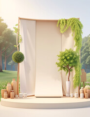 3d realistic podium mockup for product presentation decorated with 3d rendering flat color trees