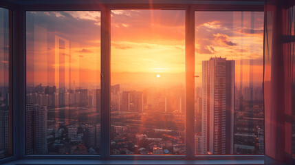 Window overlooking the modern city. 