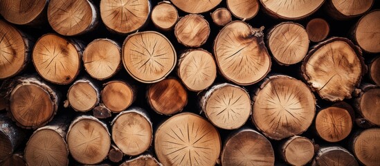 A collection of cut logs neatly arranged in a stack next to each other. The logs are various sizes and shapes, showing the marks of the sawing process. - obrazy, fototapety, plakaty