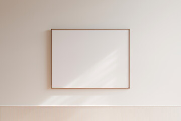 Horizontal frame with empty poster hanging on the white wall. 3d illustration.
