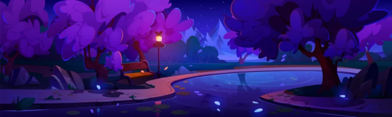 Foto auf Acrylglas Empty city park with bridge over pond or river, pink flowering sakura trees and lanterns at night. Cartoon spring vector of japanese cherry woods in urban garden. © klyaksun