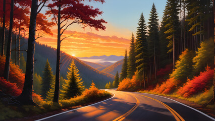 The narrow mountain road disappears into thick forest.