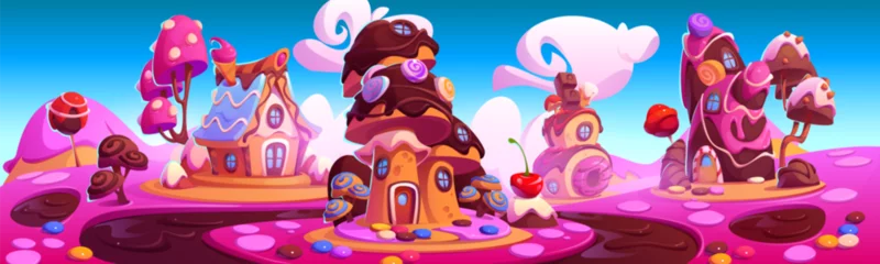 Behang Candy land with fantasy sweet dessert houses, chocolate river and pink jelly banks. Cartoon vector landscape of cute fantasy fairy sugar world with home made of cake and cookie, caramel and ice cream. © klyaksun