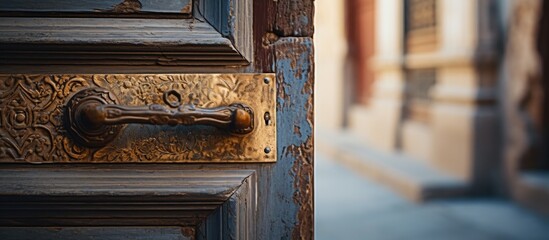Detailed Close-Up of Rustic Brass Door Handle on Vintage Wooden Entrance