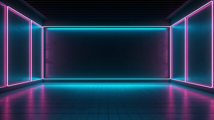 3d rendering of an empty room with neon lights and shape