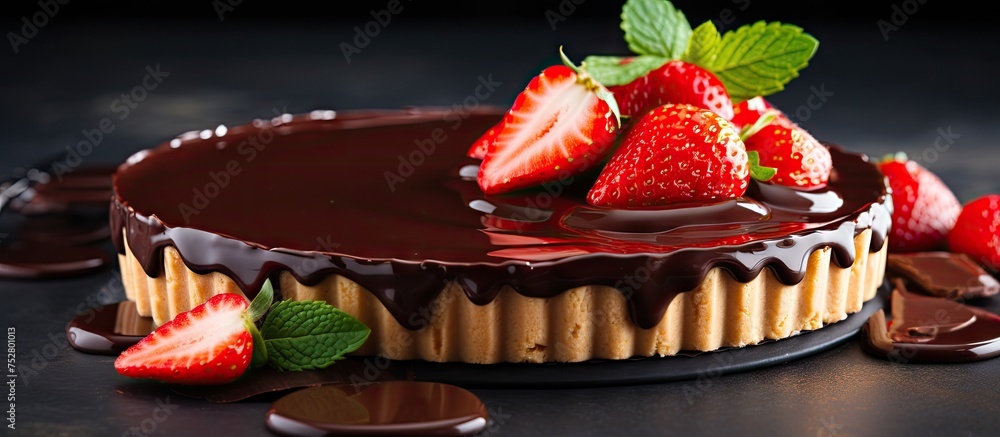 Wall mural Decadent Chocolate Dessert Garnished with Luscious Strawberries for Indulgent Sweet Treat