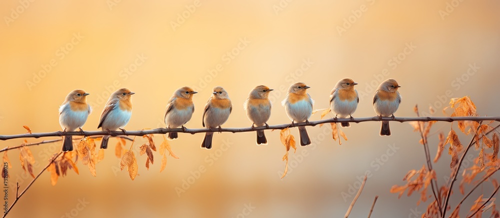 Poster various birds perching on twisting tree branch, creating a charming avian scene