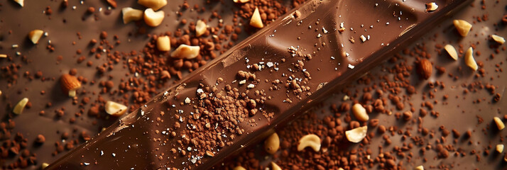 close-up of a bar of dark milk chocolate sprinkled with nut crumbs. Background texture of chocolate