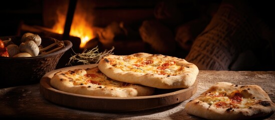 Delicious Homemade Pizza with Fresh Cheese and Juicy Tomatoes on Rustic Wooden Plate