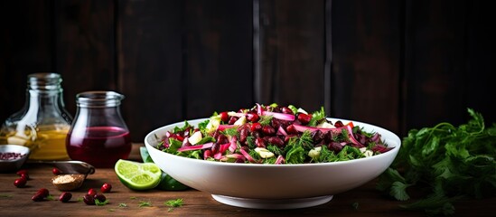 Fresh Garden Salad Served with Zesty Lime and Flavorful Dressing in a Glass Bottle
