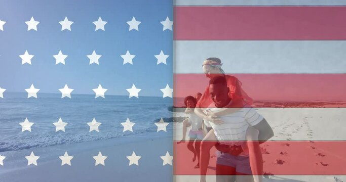 Animation of flag of usa over happy diverse friends on beach in summer