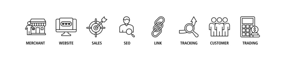 Affiliate marketing banner web icon stock vector illustration concept with icon of merchant, website, sales, seo, link, tracking, customer and trading