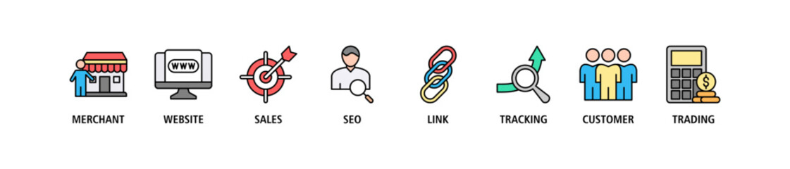 Affiliate marketing banner web icon stock vector illustration concept with icon of merchant, website, sales, seo, link, tracking, customer and trading