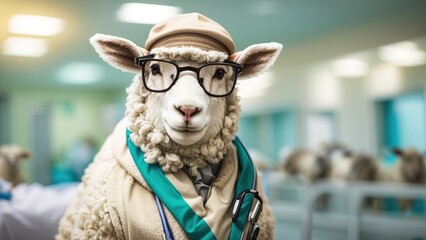 Sheep become doctor, wearing glasses and hat