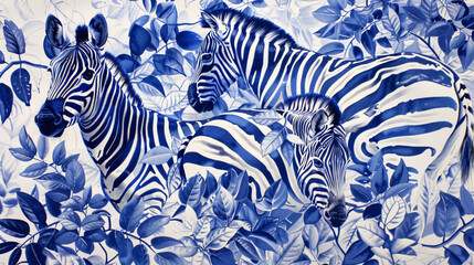 A drawing that uses blue and white and has some zebras