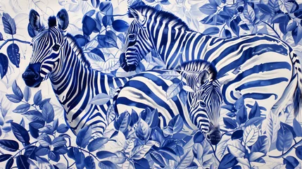 Foto op Canvas A drawing that uses blue and white and has some zebras © Johnu