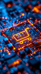Obraz premium Close-up of a vibrant computer motherboard with a glowing shopping cart icon, highlighting concepts of e-commerce, digital shopping, and technology in the marketplace