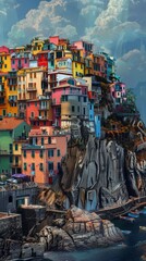 A painting of a city on top of a mountain