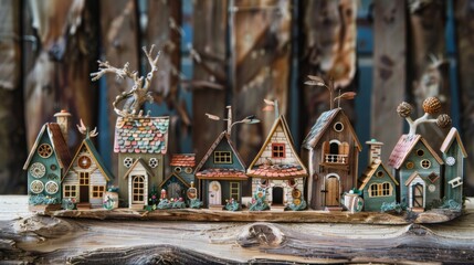 A group of miniature houses sitting on top of a piece of wood
