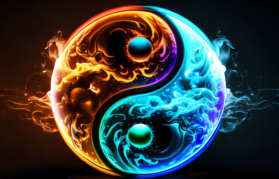 A neon luminous yin and yang icon. 