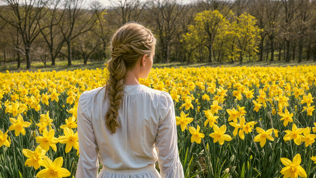 Rear view of a woman in the field of Daffodils, yellow flowers