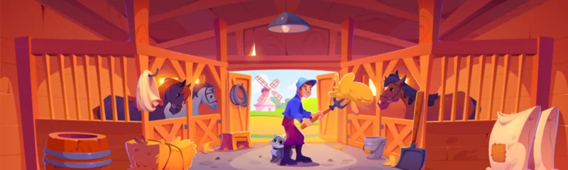 Gordijnen Horse stable with farmer and animals in stall. Cartoon vector of young man country worker feeding and taking care of country pets in wooden farm barn with tools and haystacks. Ranch shed interior. © klyaksun
