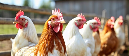 Fototapeta premium A Diverse Flock of Free-range Chickens Roaming and Pecking in Lush Green Pasture