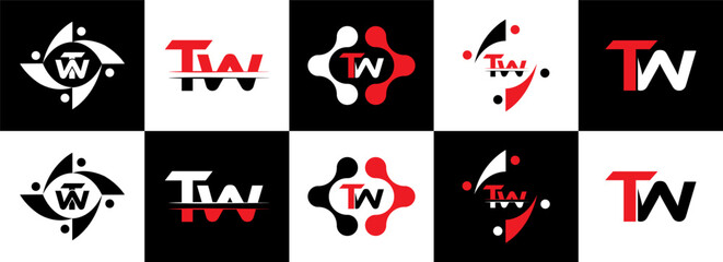 WT logo. WT set , W T design. White WT letter. WT, W T letter logo design. Initial letter WT letter logo set, linked circle uppercase monogram logo. W T letter logo vector design five style.