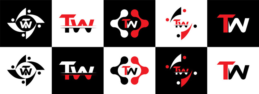 WT logo. WT set , W T design. White WT letter. WT, W T letter logo design. Initial letter WT letter logo set, linked circle uppercase monogram logo. W T letter logo vector design five style.