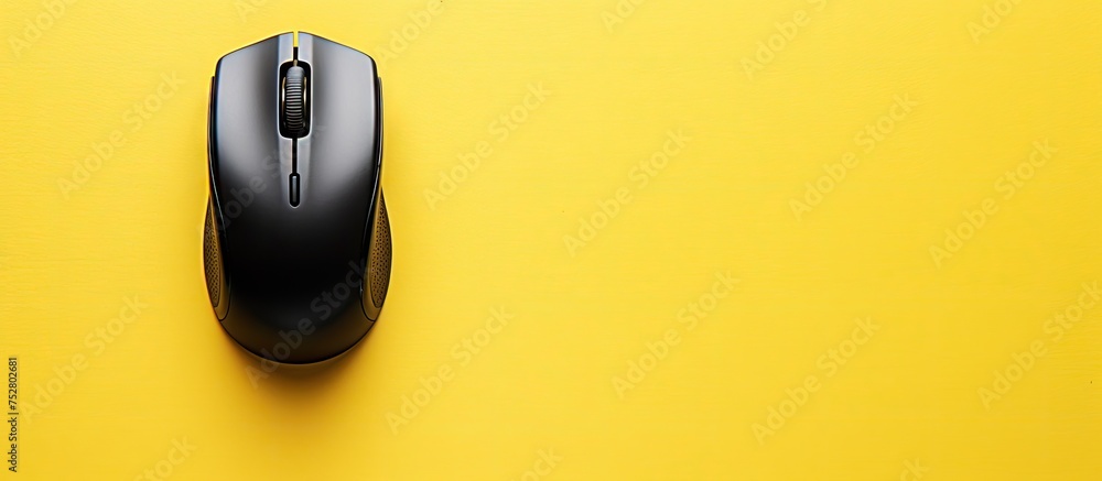 Poster vibrant computer mouse on bright yellow background for tech and work concepts