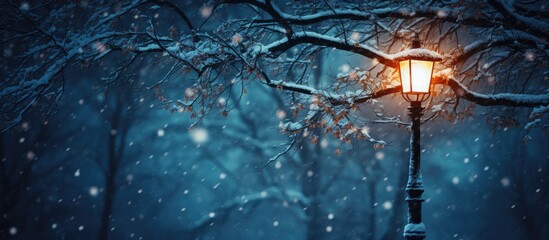 Serene Winter Scene: Street Light Illuminated in Snowy Landscape with Silhouette of Tree