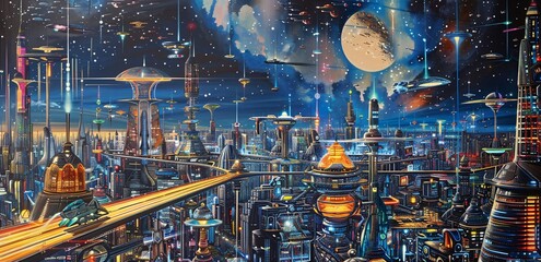 Utopia in the Sky Futuristic Cityscape with Spacecraft and Satellites Generative AI
