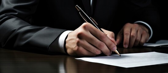 Businessman in Formal Attire Signing Legal Document with a Pen at Desk