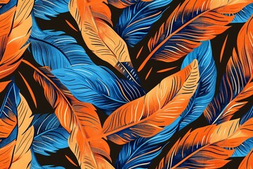Fototapeta na wymiar Fall Fashion Orange and Blue Feathered Patterns Generative AI