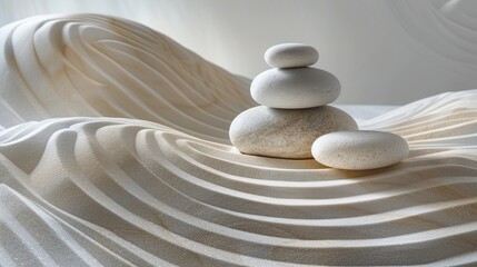 Fototapeta na wymiar Zen Stones Balanced on Rippled Sand, Three smooth stones are carefully stacked, creating a sense of balance and tranquility on a bed of rippled sand.