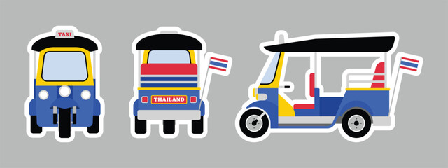 Tuk Tuk taxi travel in Thailand sticker isolated on white background. Thai transportation icon design element. Cartoon vector illustration.