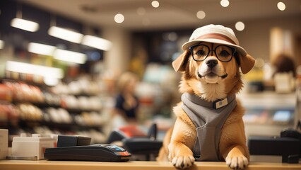 Dog become cashier, wearing glasses and hat, inside store