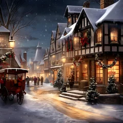 Deurstickers Illuminated houses in a snowy town at night. Christmas background © I