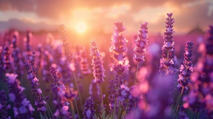 Sunset Over Lavender Fields in Full Bloom, The sun dips below the horizon, casting a warm glow over...