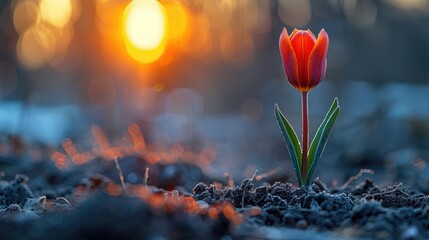 A single tulip stands resolute in the soil, with the early morning sun casting a warm glow over the frosty ground, Solitary Tulip in Sunrise Light
