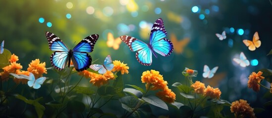 Fototapeta na wymiar Graceful Butterflies Soaring Above Colorful Blooms in a Vibrant Spring Garden